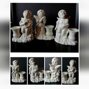 Ivory Off-White Angel Cherub Ceramic Porcelain Candle Holders Figurines Set of 3
